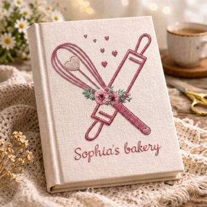 Personalized embroidered floral bakery recipe book handmade linen cookbook, Ver 1
