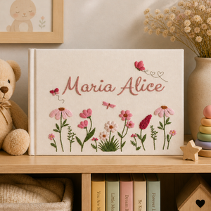 Personalized butterfly flower garden hand embroidered linen notebook with pink wildflowers and custom name