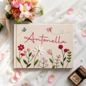 Personalized bright bloom garden hand embroidered linen notebook with colorful flowers butterflies and custom name