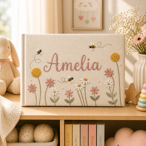 Personalized bee daisy garden hand embroidered linen notebook with floral embroidery bees and custom name