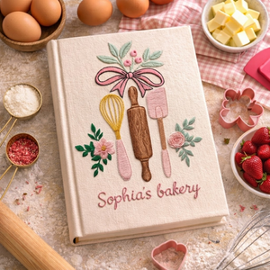 Personalized embroidered bakery recipe book handmade linen floral cookbook