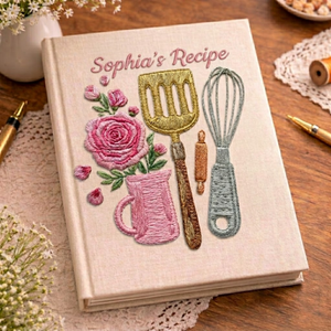 Personalized embroidered kitchen recipe notebook handmade linen floral cookbook