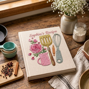 Personalized embroidered kitchen recipe notebook handmade linen floral cookbook 1