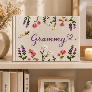 Personalized lavender blossom hand embroidered linen notebook with floral garlands butterflies daisies and custom name