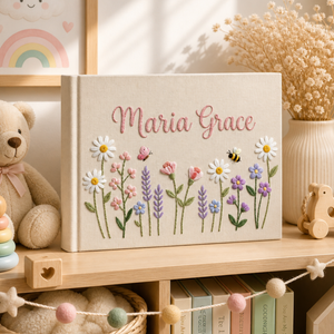 Personalized pastel cottage garden hand embroidered linen notebook with daisies bees flowers and custom name