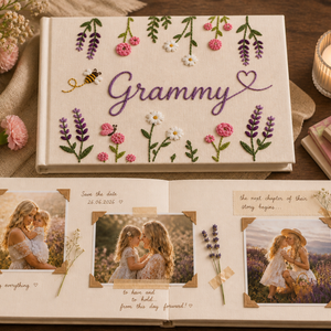 Personalized lavender blossom hand embroidered linen notebook with floral garlands butterflies daisies and custom name