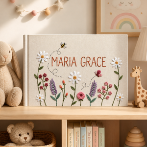 Personalized wildflower bee hand embroidered linen notebook with custom name floral garden journal gift