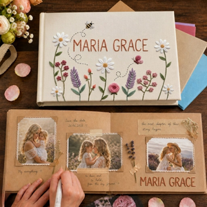 Personalized wildflower bee hand embroidered linen notebook with custom name floral garden journal gift