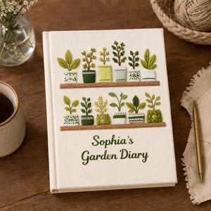 Personalized hand embroidered garden journal featuring decorative potted plants, botanical shelves, indoor greenery and houseplant themed embroidery on linen cover.