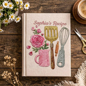 Personalized embroidered kitchen recipe notebook handmade linen floral cookbook 2
