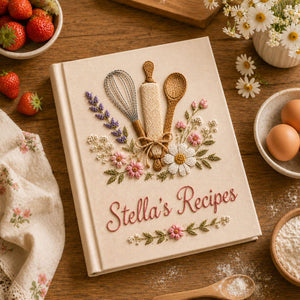 Personalized floral baking hand embroidered recipe book with whisk rolling pin wooden spoon and wildflower embroidery on linen cover