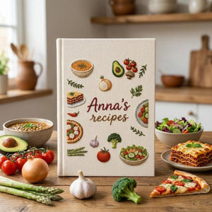 Hand embroidered recipe book featuring vegetables salads pizza lasagna soups herbs and family meal inspired food illustrations on linen cover