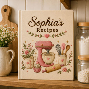 Personalized hand embroidered recipe book featuring a pink stand mixer, whisk, spatula, rolling pin, cupcake, measuring cup and floral baking motifs on a linen cover.