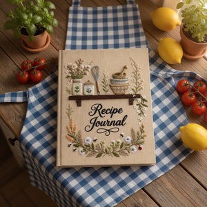 Hand embroidered recipe journal featuring cottage kitchen shelf with herb jars whisk mortar and pestle surrounded by floral garden accents