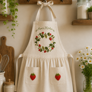 Personalized hand embroidered strawberry wreath linen apron featuring cottage garden strawberries and floral wreath embroidery, farmhouse kitchen apron for baking cooking and gardening.
