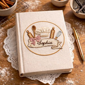 Personalized hand embroidered recipe book featuring chef hat, rolling pins, whisk, wooden spoon, floral accents, and custom name embroidery on a linen hardcover notebook.