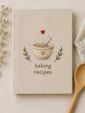 Hand embroidered recipe book featuring mixing bowl whisk heart and botanical accents on linen hardcover cover