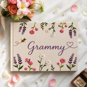 Personalized lavender blossom hand embroidered linen notebook with floral garlands butterflies daisies and custom name