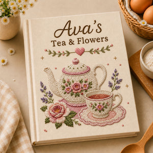 Personalized floral teapot hand embroidered recipe book with custom name and tea party design