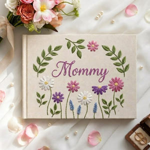 Personalized floral wreath hand embroidered linen notebook with botanical flowers and custom name
