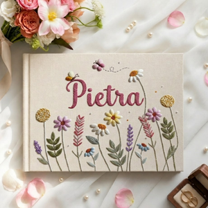 Personalized wildflower meadow hand embroidered linen notebook with botanical flowers and custom name