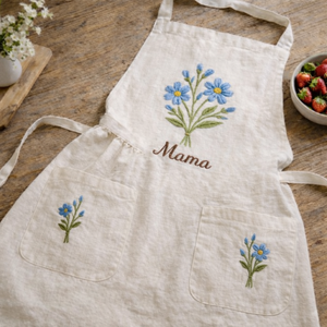 Personalized hand embroidered apron featuring blue wildflower embroidery and custom name on natural linen apron.