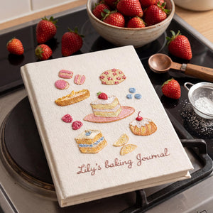 Hand embroidered baking journal featuring strawberry cake macarons pastries berries and dessert motifs on linen cover