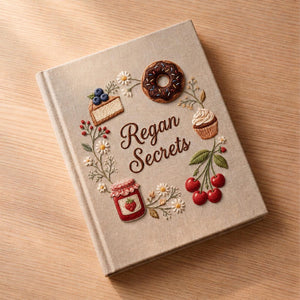 Personalized sweet bakery hand embroidered recipe book featuring cupcakes cakes cookies donuts strawberry jam cherries and floral embroidery