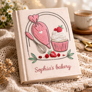 Personalized hand embroidered recipe book featuring a pink piping bag, whisk, strawberry cupcake and bakery-themed embroidery on a linen cover.