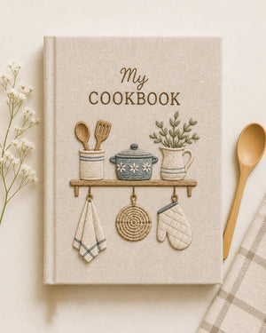 Hand embroidered recipe book featuring a farmhouse kitchen shelf with cooking utensils, floral pot, herb pitcher, oven mitt and rustic kitchen accessories.