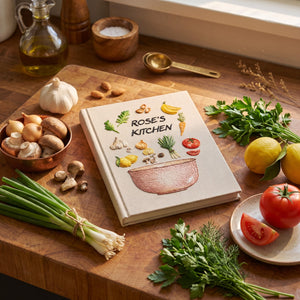Personalized hand embroidered recipe book featuring fresh vegetables herbs garlic mushrooms lemons tomatoes and a rustic mixing bowl design on a linen cover.