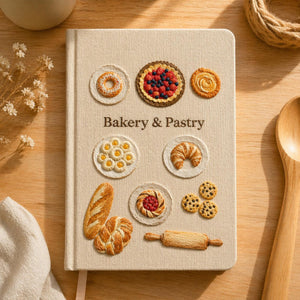 Hand embroidered bakery recipe book featuring artisan breads, pastries, fruit tart, cookies, croissant and rolling pin on linen cover.