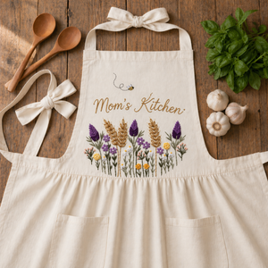 Personalized hand embroidered wildflower linen apron featuring Mom's Kitchen text, rustic floral meadow embroidery, custom kitchen apron for cooking baking gardening and gifts.