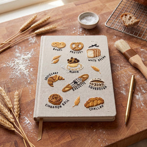 Hand embroidered recipe book featuring artisan breads including bagels, pretzels, croissants, baguettes, sourdough, muffins and cinnamon rolls.