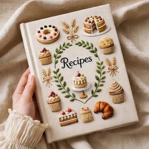 Hand embroidered recipe book featuring cakes, cupcakes, donuts, croissants and botanical wreath design on a linen cover.