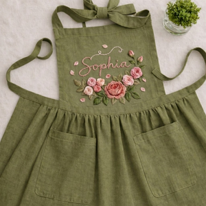 Personalized hand embroidered linen apron featuring pink rose floral embroidery and custom name personalization on a sage green apron.