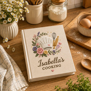 Personalized baker's garden hand embroidered recipe book featuring chef hat whisk rolling pin piping bag and floral embroidery on linen cover