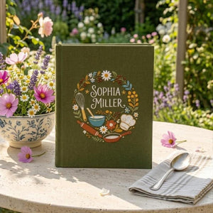 Personalized cottage garden hand embroidered recipe book featuring floral wreath, whisk, mixing bowl, rolling pin, chef hat, and farmhouse kitchen embroidery on linen cover