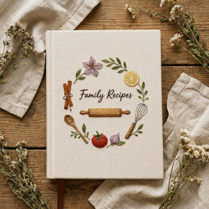 Hand embroidered family recipe book featuring rolling pin, whisk, cinnamon sticks, herbs, flowers and rustic kitchen accents on linen cover.