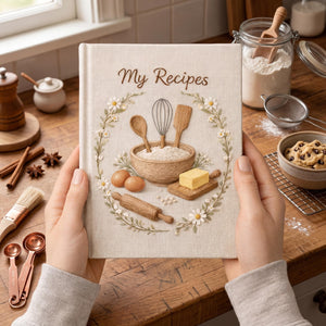 Hand embroidered recipe book featuring mixing bowl flour eggs butter rolling pin whisk and daisy floral wreath on linen cover