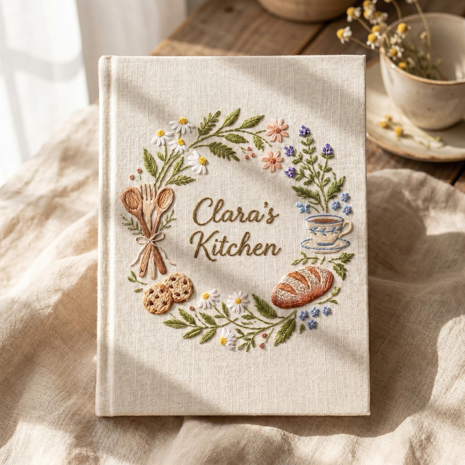 Personalized hand embroidered recipe book collection featuring floral kitchen wreaths, teacups, baking utensils, herbs, strawberries, cookies, and lemon botanical designs on linen covers