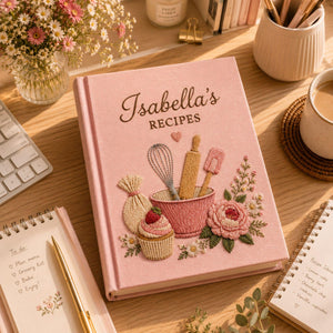 Personalized bakery flower hand embroidered recipe book with mixing bowl whisk rolling pin cupcake and floral embroidery on linen cover
