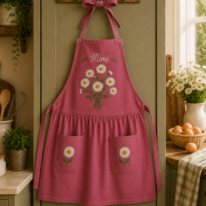 Personalized hand embroidered linen apron featuring daisy bouquet embroidery, custom name personalization, cottage garden floral design, and daisy pocket accents.
