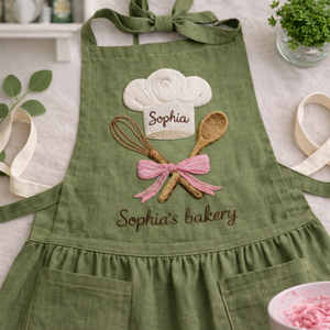 Personalized baker hand embroidered linen apron featuring chef hat, whisk, wooden spoon, and custom name embroidery, baking apron gift for bakers and home cooks.