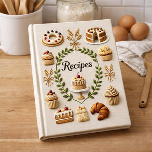Hand embroidered recipe book featuring cakes, cupcakes, donuts, croissants and botanical wreath design on a linen cover.