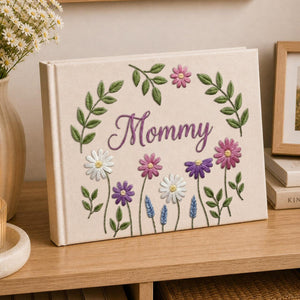 Personalized floral wreath hand embroidered linen notebook with botanical flowers and custom name
