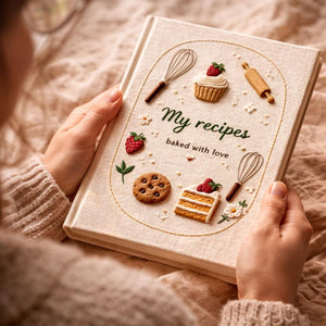 Hand embroidered recipe book featuring strawberries, cupcakes, cakes, cookies, whisks and baking tools on a linen cover.
