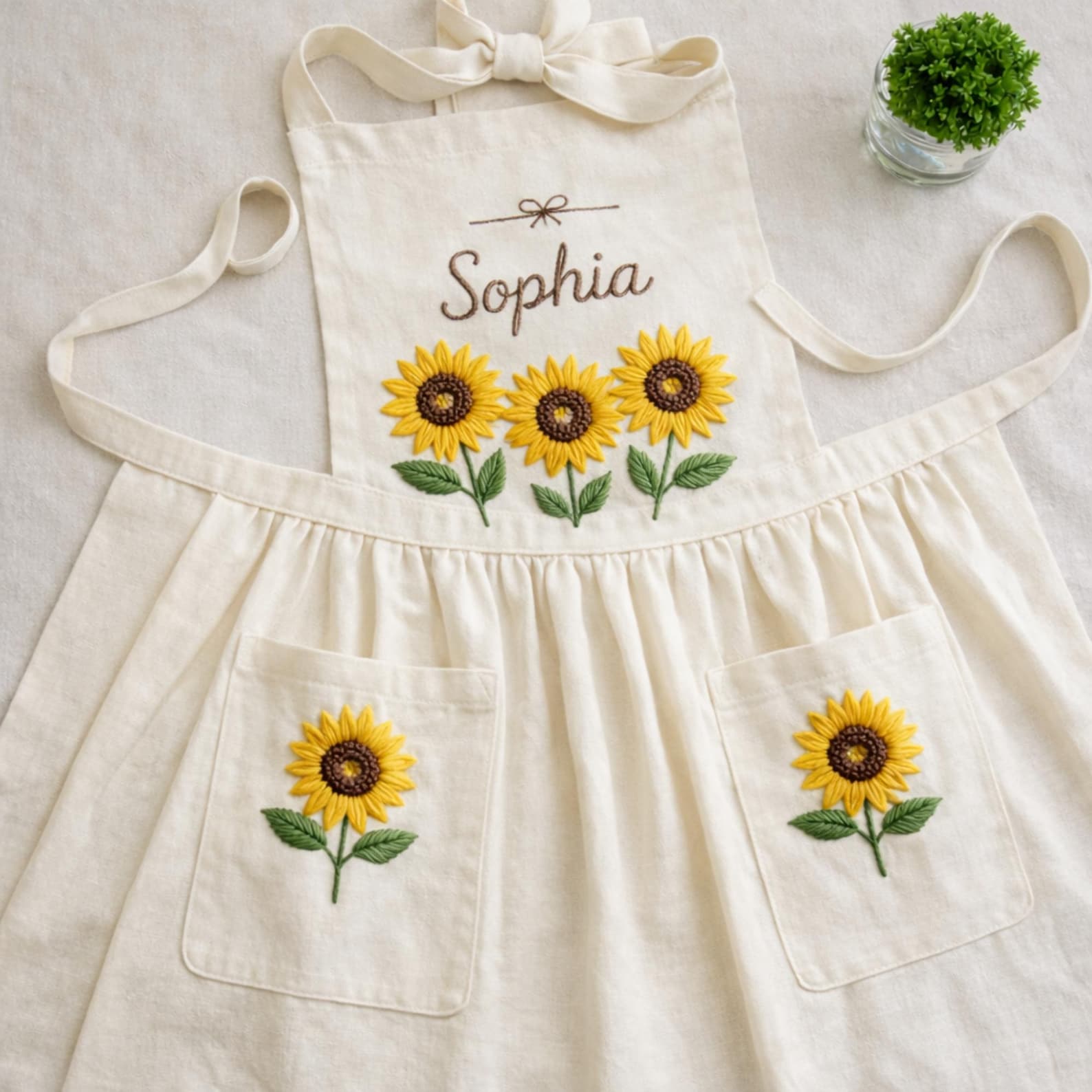 Hand Embroidered Cotton-Linen Apron, Sunflower Garden, Personalized Gift, Ver 2