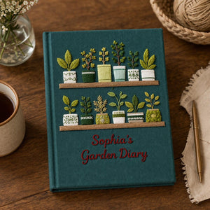 Personalized hand embroidered garden journal featuring decorative potted plants, botanical shelves, indoor greenery and houseplant themed embroidery on linen cover.