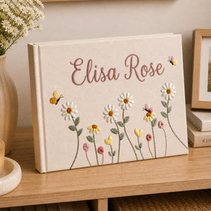 Personalized daisy butterfly hand embroidered linen notebook with custom name floral journal gift